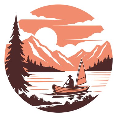 Bu huzurlu manzara günbatımında sakin bir dağ gölü gösteriyor. Tahta bir teknede yelken açan bir adam. Cennet gibi bir açık hava macerası yaratmak. Yapay zeka üretildi. Vektör simgesi