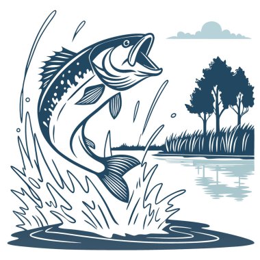 Bir siyah levreğin yüzeyden enerjik bir şekilde sıçradığı anı yakalayan dinamik bir görüntü. Dramatik bir sıçrama yaratıyor. Yapay zekanın yarattığı spor balıkçılığının heyecanını sembolize ediyor. Vektör simgesi