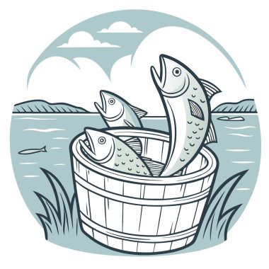 Tahta sepetteki taze balık. Başarılı balık tutma girişimi sergileniyor. Sakin su arka planı, bu kırsal balıkçılık sahnesinin sakin atmosferine katkı sağlıyor. Yapay zeka üretildi. Vektör simgesi