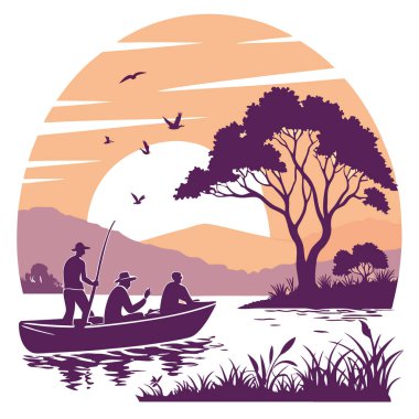 Grup gün batımında tekne gezisine çıkıyor. Gökyüzü ve suyun canlı renklerinin tadını çıkarıyor. Balıkçıların silueti huzurlu bir atmosfer yaratır. Doğanın güzelliğini ön plana çıkarıyor. Yapay zeka üretildi. Vektör simgesi