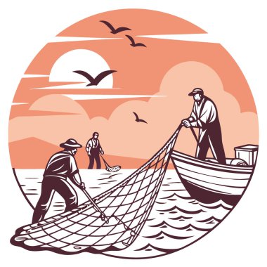 Balıkçılar gün batımında büyük bir balık ağı çekiyor. Takım çalışması ve doğanın güzelliği. Sahne, balık tutarken gösterilen heyecan ve çabayı yakalıyor. Yapay zeka üretildi. Vektör simgesi