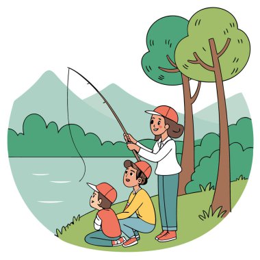 Bir aile sakin bir göl kenarında balık avlamaktan zevk alır. Güzel ağaçlar ve uzak dağlarla çevrili. Yapay zekanın oluşturduğu bir aile balıkçılığının, kişiselleştirilebilir çizimi. Vektör simgesi