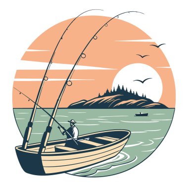 Serene Sunrise balıkçılık sahnesinde ahşap bir teknede çoklu çubuklar vardı. Sakin okyanus. Uzakta bir ada. Seyahat için mükemmel. Macera. Yapay zekanın yarattığı eğlence temaları. Vektör simgesi