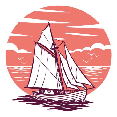 Görkemli bir balıkçı teknesi gün batımında sakin okyanus sularını kesiyor. Gökyüzü turuncu ve pembeye boyanmış. Yapay zekanın yarattığı deniz güzelliğini gösteriyor. Vektör simgesi