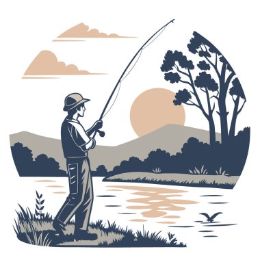 Bir balıkçı sakin bir nehrin kenarında gün batımını gösteren bir olta tutar. Yapay Zeka 'nın yarattığı, sönen altın gece ışığında bir beklenti ve sabır anı yakalamak. Vektör simgesi