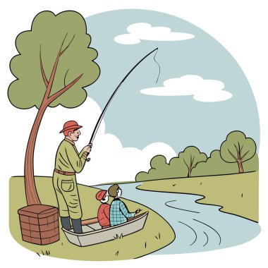 Ailesiyle birlikte sakin bir nehrin kıyısına balık tutmaya giden tecrübeli bir asker. Suya bir halat atmak. Yapay zekanın yarattığı huzurlu bağ ve rahatlama anlarının tadını çıkarıyor. Vektör simgesi