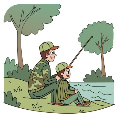 Gölde balık tutarken oğluyla bağ kuran bir baba. Ailevi bağlantıları ve açık hava maceralarını gösteriyor. Yapay zekanın ürettiği hem şapka hem de kamuflaj giysileri giyiyor. Vektör simgesi