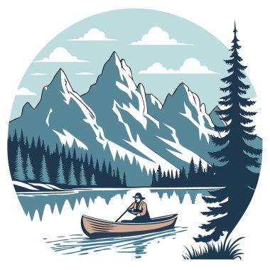 Bu sakin sahne, ahşap bir tekneyle güzel bir dağ gölünü geçen bir adamı çekiyor. Güzelce yansıtan karlı tepeler ve gür çam ormanları. Yapay zeka üretildi. Vektör simgesi