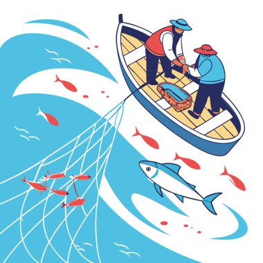 Okyanusta balıkçı teknesi. Ağlar ve yakalama ağlarıyla çevrili. Balıkçıların sıkı çalışmalarını sergilemek. Canlı mavi su, tekne renkleriyle çelişiyor. çarpıcı görüntü oluşturuluyor. Yapay zeka üretildi. Vektör simgesi