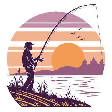 Sakin sularda, çarpıcı bir günbatımına karşı bir balık oltası silueti. Yapay zekanın yarattığı doğal güzelliğin huzur ve yansımasını yakalıyorum. Vektör simgesi