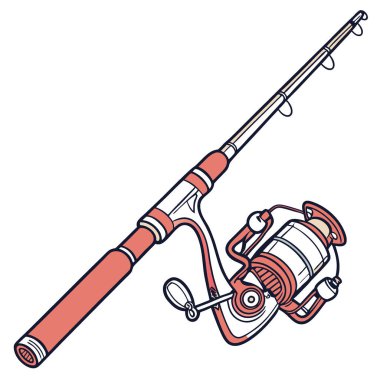 Açık hava balık avlama maceralarında kullanıma hazır kişiselleştirilebilir bir oltanın renkli bir temsili. Özelleştirilebilir olta çizimi. Yarı düz dizayn, yapay zeka üretildi. Vektör simgesi