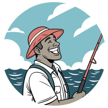 Kocaman sırıtan mutlu bir balıkçı. Tropikal balık avına hazırım. Arka planda okyanus. Sıradan kıyafetler giyiyordu. Parlak gün ışığı. Neşeli yüz 2 'nin yakın çekimi. Yapay zeka üretildi. Vektör simgesi