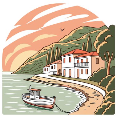 Logari limanında renkli bir gün doğumu ve arkasında Kyparissi köyü olan küçük bir balıkçı teknesi. Mora Yarımadası 'nın resimli yaz sahnesi. Yunanistan. Avrupa 'da yapay zeka üretildi. Vektör simgesi