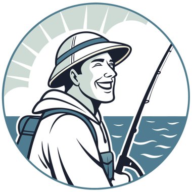 Kocaman sırıtan mutlu bir balıkçı. Tropikal balık avına hazırım. Arka planda okyanus. Sıradan kıyafetler giyiyordu. Parlak gün ışığı. Neşeli yüz 3 'ün yakın çekimi. Yapay zeka üretildi. Vektör simgesi