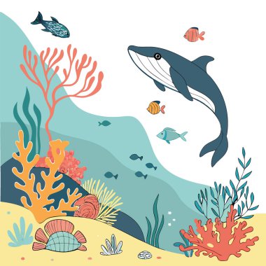 Değişik deniz yaşamı içeren canlı su altı ekosistemleri. Su çevresi mercan resifleri. Çeşitli balık türleri. Biyolojik çeşitlilik. Okyanus. Yaşam alanı. Vahşi yaşam. Yapay zeka üretildi. Vektör simgesi