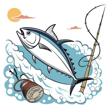 Işıldayan bir ton balığı. Gümüş ve beyazlar içinde parlıyordu. Ezilmiş buzdan bir yatakta yatıyor. Balıkçılık malzemeleri ile çevrili. Parlak gün ışığında başarılı bir yakalayışı kutluyoruz. Yapay zeka üretildi. Vektör simgesi