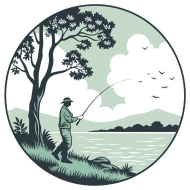 Su kenarında balık oltası olan sakin bir balık avlama sahnesinin panoramik görüntüsü. Doğanın Huzuru ve Güzel Manzarada Balıkçılık Sanatı 'nı Yakalıyorum. Yapay zeka üretildi. Vektör simgesi