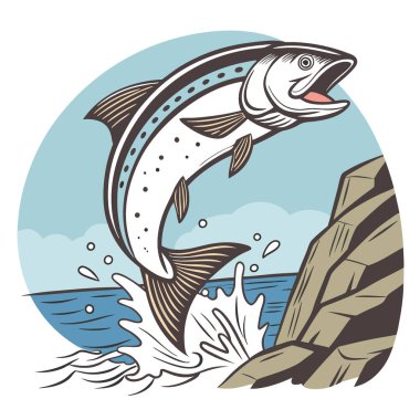 Açık mavi bir okyanus ve kayalık bir araziyle sudan atlayan bir balığın yakın plan çekimi. Yapay zekanın yarattığı enerjiyi ve dinamik hareketi yakalamak. Vektör simgesi