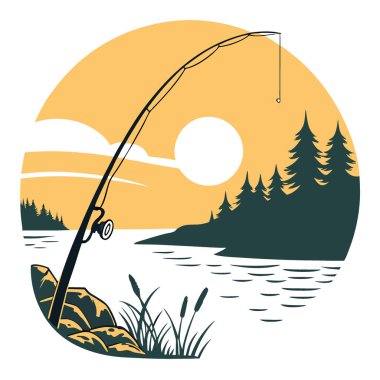 Güneş batarken sakin bir göle bir olta atılır. Yapay zekanın yarattığı güzelliğin arasında yansıma ve rahatlama için mükemmel sakin ve huzurlu bir atmosfer yaratmak. Vektör simgesi