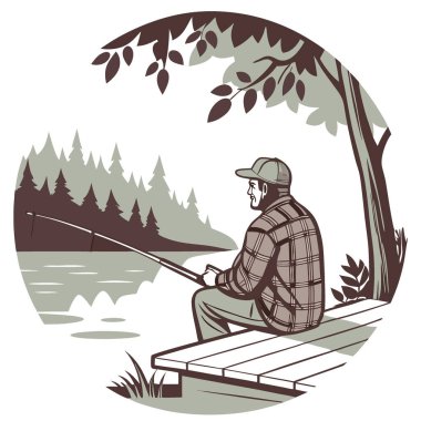 Ekose gömlekli ve şapkalı orta yaşlı bir adam huzurlu bir balık avının tadını çıkarıyor. Sakin bir göl ve orman manzarasıyla çevrili. Yapay zekanın yarattığı yalnızlığı ve doğanın güzelliğini somutlaştıran. Vektör simgesi