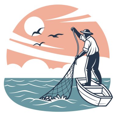 Gün batımında balık tutmak. Balıkçılar balık dolu ağları çekerler. Okyanusun güzelliğini ve yakalama sevincini yakalıyor. Ilık güneş ışığı suyu yansıtır. Huzurlu bir atmosfer yaratmak. Yapay zeka üretildi. Vektör simgesi