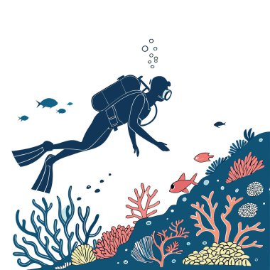 Tam teçhizatlı bir dalgıç okyanus yüzeyinin altında yüzer ve güneş ışığı suyun içinden akar. Yapay zekanın oluşturduğu sualtı mercanlarını ve deniz yaşamını aydınlatıyor. Vektör simgesi