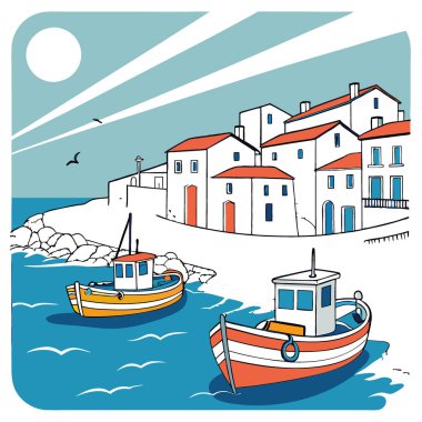 Açık mavi gökyüzü ve güneş ışığı dalgaların üzerinde sallanan renkli balıkçı tekneleriyle bir sahil köyü limanını aydınlatıyor. Etrafı antikalarla çevrili. Beyazlatılmış evler yapay zeka üretiyor. Vektör simgesi