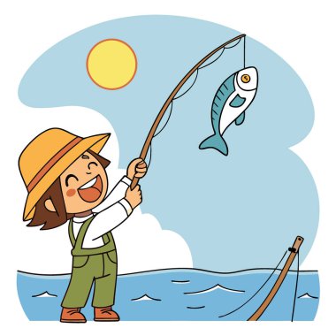 Gülümseyen çocuk, açık havada balık avlarken taze yakalanmış bir balığı gururla tutuyor. Güneşli bir günde, arka plan olarak okyanus ve görüş alanında bir olta ile yapay zeka oluşturuldu. Vektör simgesi
