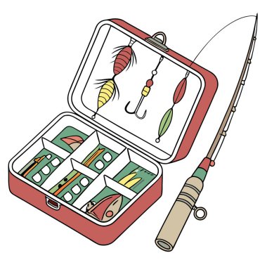 Balıkçı çantasına yakından bir bakış açısı. Renkli yemlerle düzenli bir şekilde düzenlenmiş. Sinekler. Ve balık aksesuarları. Maceralarla dolu bir güne hazır ol. Yapay zeka üretildi. Vektör simgesi