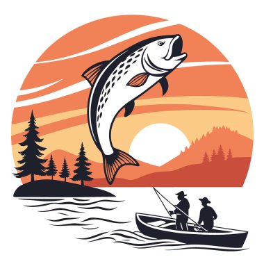 Sanatsal bir illüstrasyon, manzaralı bir göl batımının üzerinde ortaya çıkan dev bir balığı tasvir eder. Aşağıdaki bir teknede balıkçılarla. Açık hava için mükemmel. Balık tutmak. Ya da Al 'in yarattığı macera temalarını. Vektör simgesi