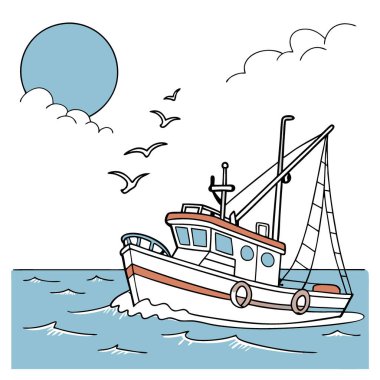 Güneşli bir günde sakin sularda yüzen balıkçı teknesinin özelleştirilebilir yarı düz bir çizimi. Trol balıkçılığı için yapay zekanın oluşturduğu yarı düz çizim. Vektör simgesi