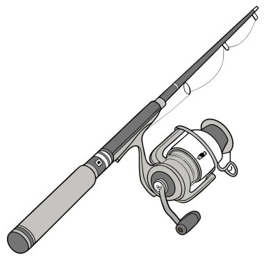 Balıkçı oltası ve makarası temiz beyaz bir arka planda sergileniyor. Yapay zekanın ürettiği parlak ışıkla aydınlatılan makaranın ve misinanın karmaşık ayrıntıları üzerinde duruluyor. Vektör simgesi