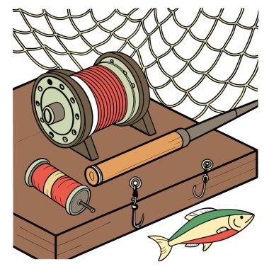 Ahşap bir masanın üzerindeki balıkçı teçhizatının yakın çekimi. Başrolde makaralar var. Renkli yemler. Ve çizgi makaraları. Balıkçı ağlarıyla çevrili. Yapay zekanın yarattığı bir maceraya hazır ol. Vektör simgesi