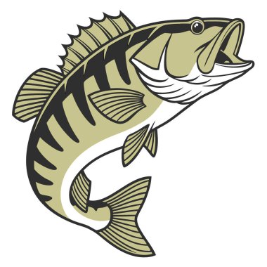 Smallmouth Bass Micropterus Dolomieu, yapay zekanın ürettiği temiz beyaz arka plan karşısında belirgin işaretlerini ve sağlıklı görünümünü vurgulayan dikkat çekici detaylarla sergilenir. Vektör simgesi