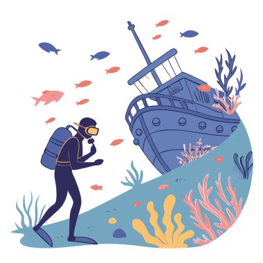 Kalın gözlüklerle bir dalgıç, canlı mercanlarla kaplı bir gemi enkazı ve değerli eserler ve kalıntılarla dolu balık sürülerini araştırıyor. Vektör simgesi