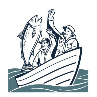 Otantik balıkçı takımı başarılı bir dostluk ve başarı sonrası keşif gezisi sergiliyor. Yapay zeka tarafından üretilen bir balıkçı teknesinin zıt zeminine karşı. Vektör simgesi
