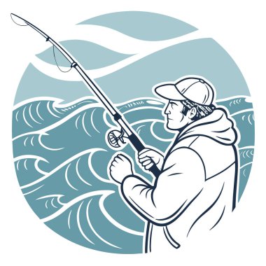 Okyanus dalgalarının arka planında oltayı tutan bir balıkçının ellerine odaklanmış bir bakış. Rahatlamanın ve deniz kenarındaki açık hava macerasının özünü yakalıyorum. Yapay zeka üretildi. Vektör simgesi