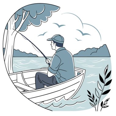 Mavi gömlekli ve şapkalı bir adam. Bir balıkçı teknesinde oturuyordu. Muhtemelen balıkçılık faaliyetinde. Görüntü sakin bir şekilde temsil ediliyor. Yapay zekanın ürettiği doğa ve su ile açık hava yaşam tarzı. Vektör simgesi