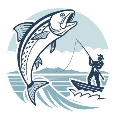 Bir balığın yakalanışının stilize edilmiş dijital çizimi. Arka planda bir balıkçıyla okyanustan yükseğe sıçramak. Yapay zekanın yarattığı spor balıkçılığının mücadelesini ve güzelliğini yakalamak. Vektör simgesi