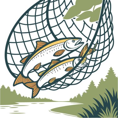 Ağda sergilenen taze balıklara yakın çekim. Profesyonel bir balıkçı sepetinde taze balık bolluğu sergiliyor. Yapay zekanın doğada yaptığı balıkçılığın güzelliğini vurgulamak. Vektör simgesi