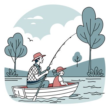 Sakin Göl 'de Aile Balıkçılığı Macerası Baba ve Oğlu Küçük Bir Balıkçı Gear Teknesiyle Rahatlatıcı Hafta Sonu Gezisinin keyfini çıkarın. Aile tatili ya da hafta sonu kaçamağı için mükemmel. Yapay zeka üretildi. Vektör simgesi