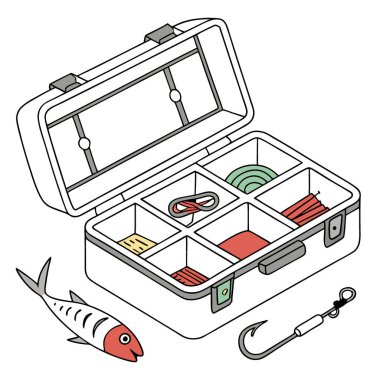 İyi organize edilmiş bir olta takımının çapraz bölümü çeşitli bölümler ve bölümler içinde düzgün bir şekilde depolanmış olta oltaları ve olta ipleri olduğunu gösteriyor. Yapay zeka üretildi. Vektör simgesi