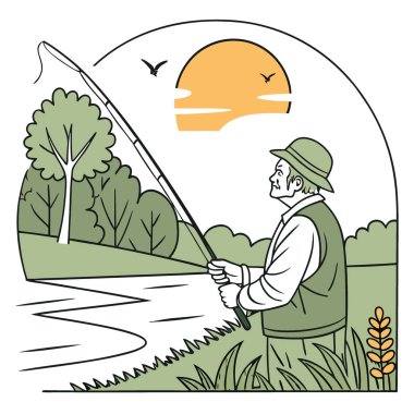 Deneyimli kıdemli balıkçı sabahı. Sakin bir balık tutma gölü hobisi. Barışçıl güneş doğuşu nehir doğası. Açık havada dinlenme huzuru. Aktif düşünceli pastoral. Yapay zeka üretildi. Vektör simgesi