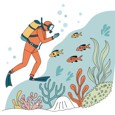 Turuncu dalgıç kıyafetiyle sualtı dünyasını keşfeden bir dalgıç. Balık ve baloncuklarla çevrili. Deniz yaşamının güzelliğini ve yapay zekanın yarattığı su altı macerasının heyecanını gözler önüne seriyor. Vektör simgesi