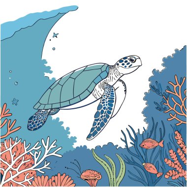Büyük bir deniz kaplumbağası, açık renkli mercanlar arasında zahmetsizce yüzer. Mavi su. Güneş ışığı yüzeyden süzülür. Güzel kabuğunu ve çevresini aydınlatıyor. Yapay zeka üretildi. Vektör simgesi