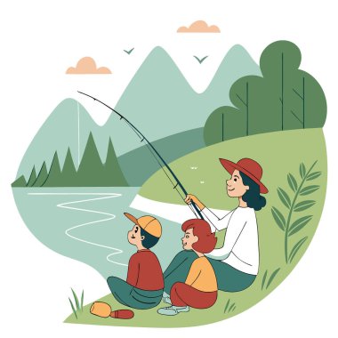 Dağlar ve yeşilliklerle çevrili sakin bir gölde bir aile balık tutma gününün tadını çıkarıyor. kalıcı anılar yaratmak. Yapay zekanın oluşturduğu bir aile balıkçılığının yarı düz çizimi. Vektör simgesi