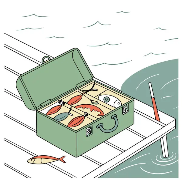 Renkli balık yemi, gün ışığında sakin su için ahşap bir rıhtımın yanındaki eski yeşil bir takım kutusuna tıkıştırılmış. Yapay zeka üretildi. Vektör simgesi