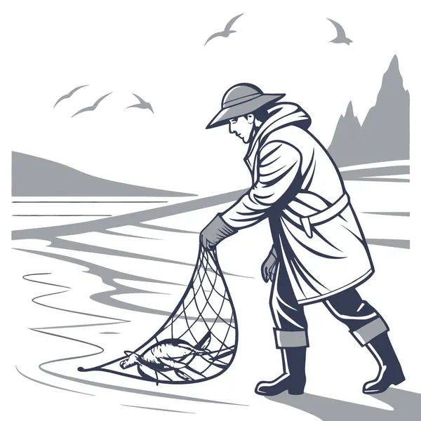 Balıkçı, sabahın erken saatlerinde bir kıyı bölgesinin sakin sularındaki ağdan balık yakalıyor. Yapay zeka üretildi. Vektör simgesi