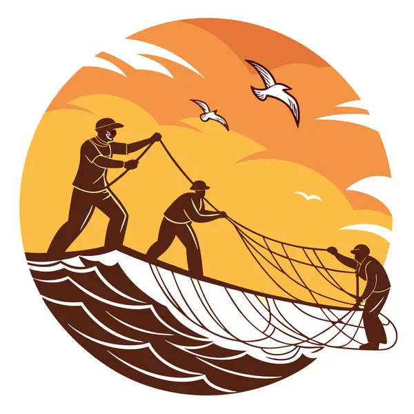 Balıkçılar güneş batarken dalgalı sulardan büyük ağlar çekmek için birlikte çalışırlar. Çabalarının üzerine bir ışık saçar. - Evet. Yapay zeka üretildi. Vektör simgesi