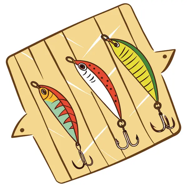 Yapay zekanın oluşturduğu açık hava eğlence aktivitelerinde yaratıcı bir dokunuş için ahşap bir yüzeye estetik olarak yerleştirilmiş renkli balık yemi. Vektör simgesi